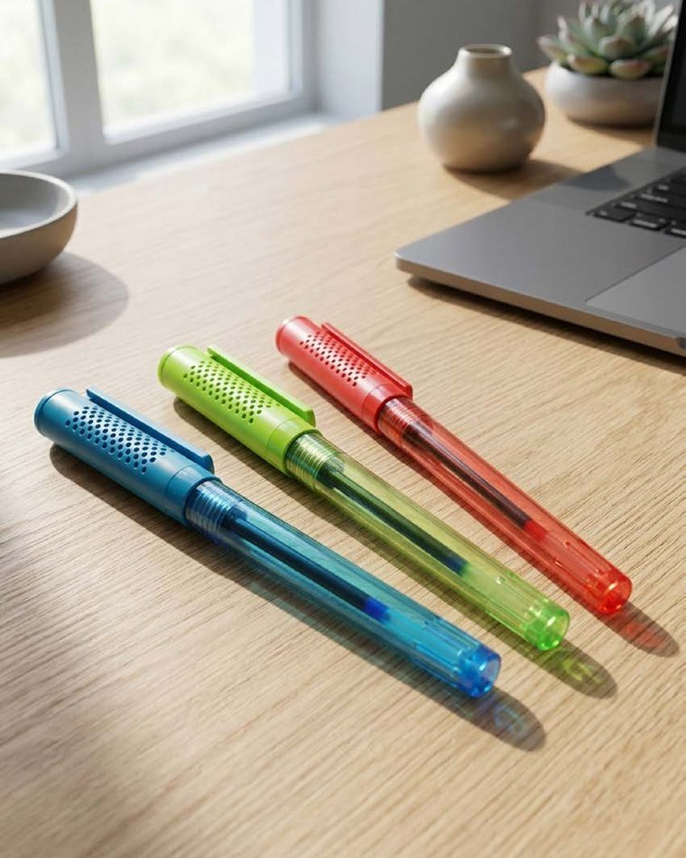 Bolígrafos promocionales de colores sobre un escritorio